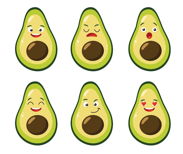Cute cartoon avocado set with emotions. Vector flat illustration.