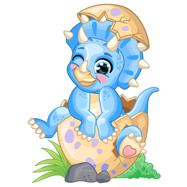 Cute cartoon baby blue triceratops in egg vector illustration