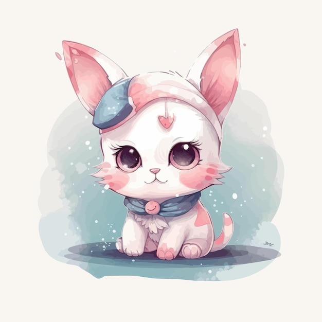 Vector cute cartoon baby cat watercolor illustration