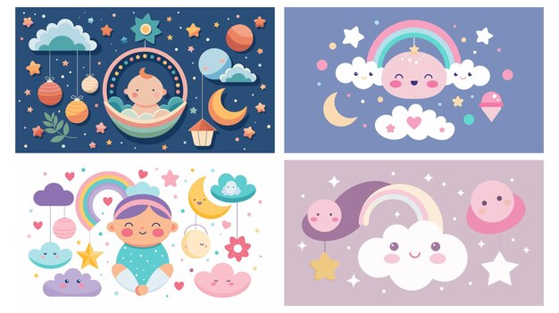 Милый мультфильмный ребенок и облака с планетами, звездами и радугами