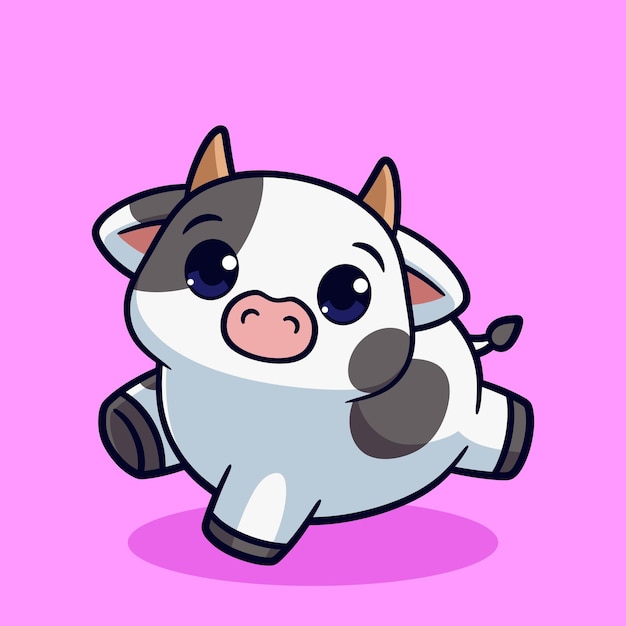 可愛いアニメの乳牛が幸せにジャンプする前景
