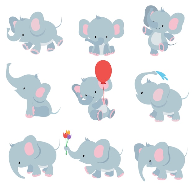 Vector cute cartoon baby elephants. animals african safari animals  set