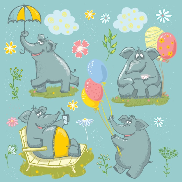 Cute cartoon baby elephants animals african safari animals vector set elephant african cartoon happy...