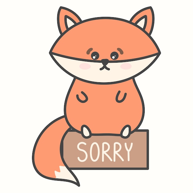 Cute cartoon baby Fox sitting with a plate with text Sorry