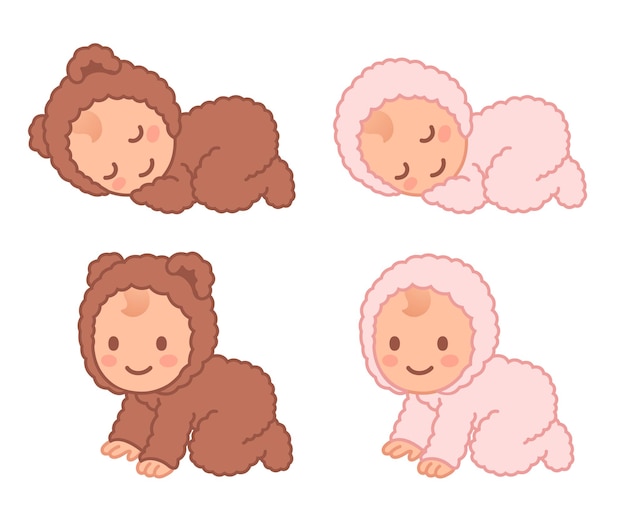 Cute cartoon baby in fuzzy bear onesie illustration set