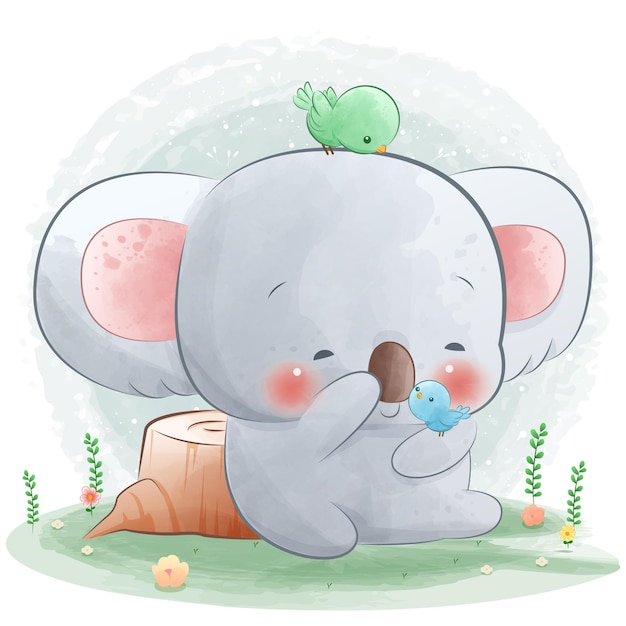 Cute cartoon baby koala with bird can be used for greeting cards and party invitations