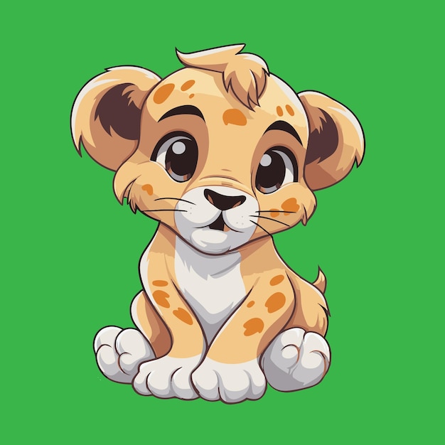 Cute cartoon baby lion on green background Vector illustration