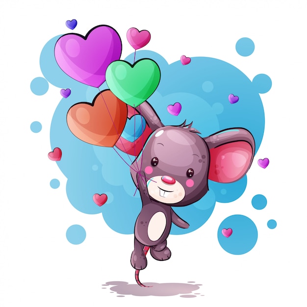 Cute cartoon baby mouse with heart balloons