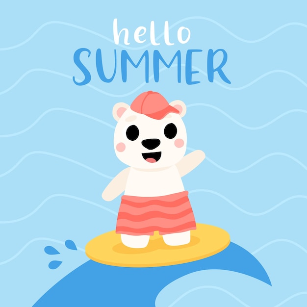 Cute cartoon baby polar bear in hat and swim shorts smiling and surfing on a wave Summer vector illustration for childrens book poster t shirt