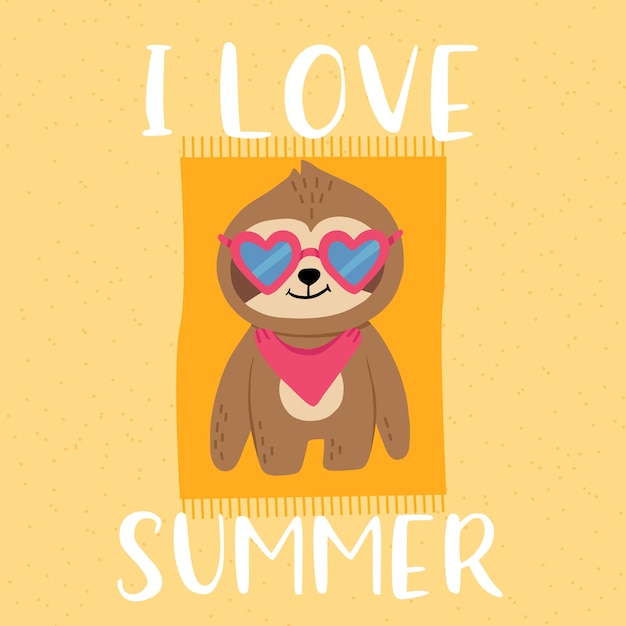 Simpatico cartone animato baby bradipo in occhiali da sole a forma di cuore sorridente sdraiato sulla spiaggia illustrazione vettoriale estiva per t-shirt con poster di libri per bambini