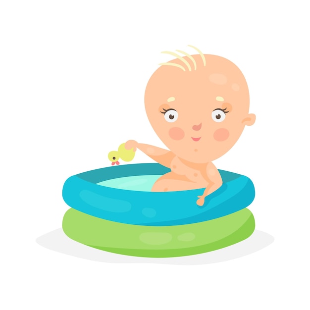 Cute cartoon baby swimming in kids inflatable pool, colorful character vector Illustration isolated on a white background