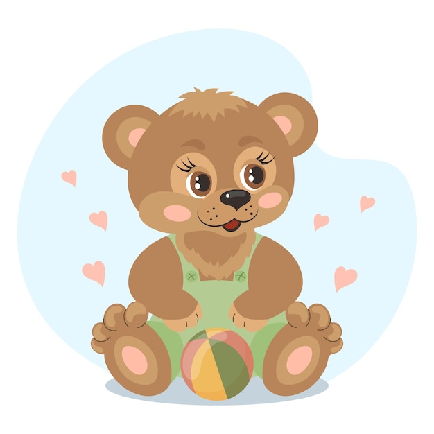 Vettore simpatico orsetto di peluche cartoon con un giocattolo a sfera illustrazione in stile piatto carta per bambini vettore