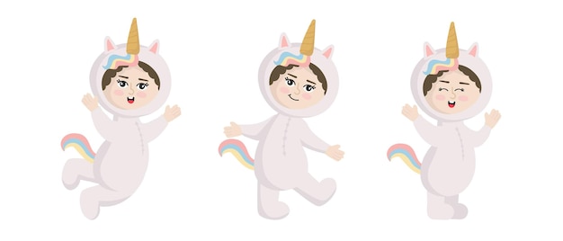 Симпатичный мультяшный малыш в карнавальном костюме единорога в разных позах