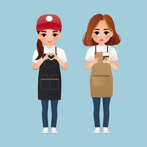 cute cartoon barista women in apron smiling serving a client at the coffee shop