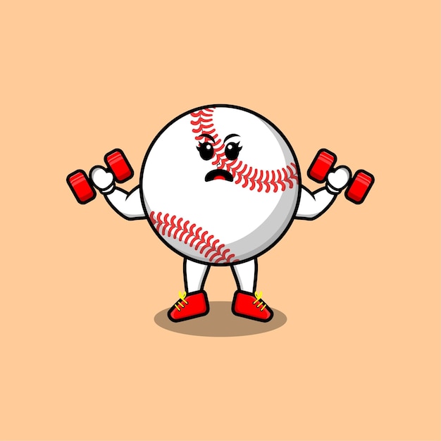 Cute cartoon baseball ball character is fitness with barbell in modern style design