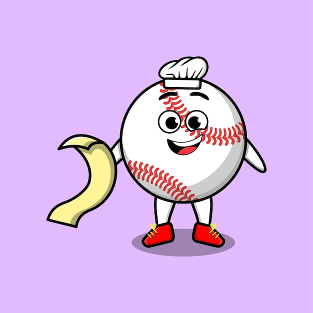 Cute cartoon baseball ball chef character with menu in hand