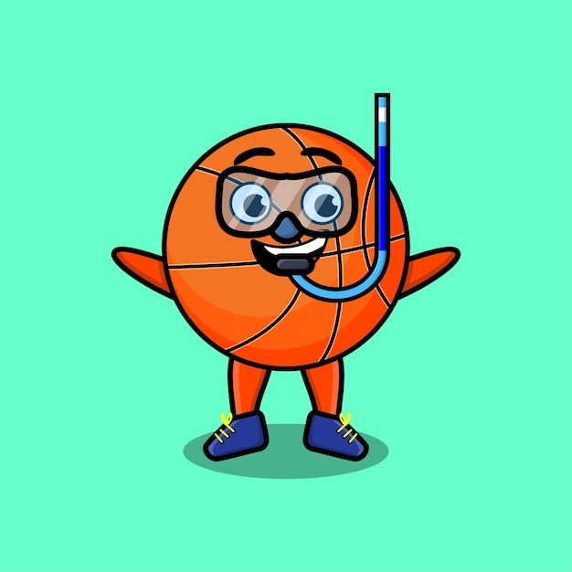 Cute cartoon basketball diver with swimming glass in 3d modern style design