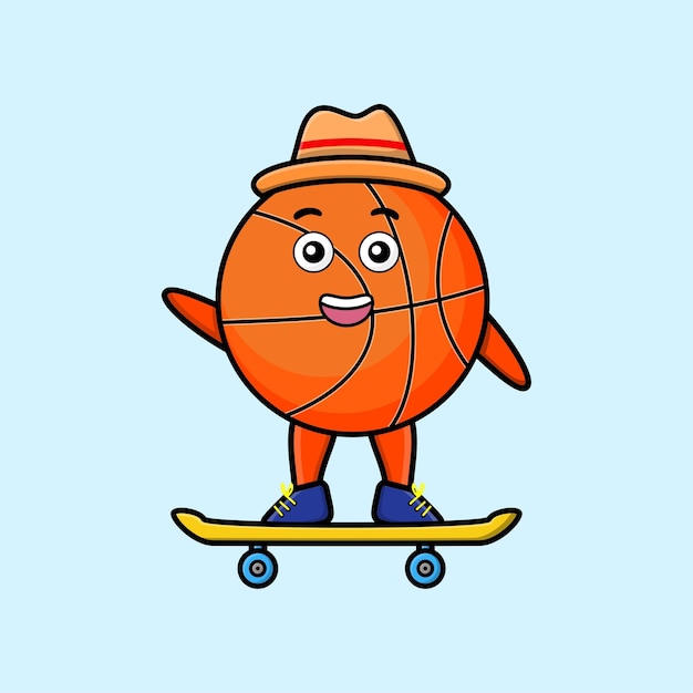 Cute cartoon basketball standing on skateboard with cartoon vector illustration style