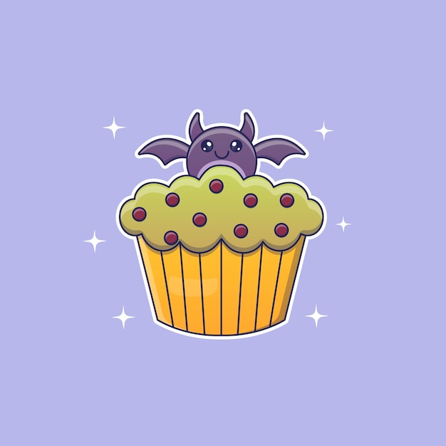 Vector cute cartoon bat cupcake in vector illustration. isolated food vector. flat cartoon style