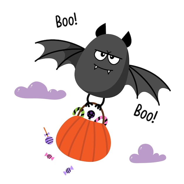 cute cartoon bat flying with candy