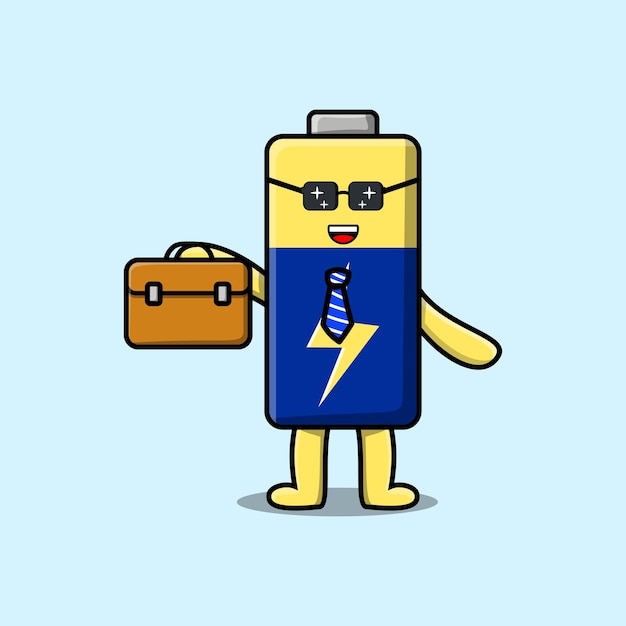 Vector cute cartoon battery businessman character holding suitcase illustration