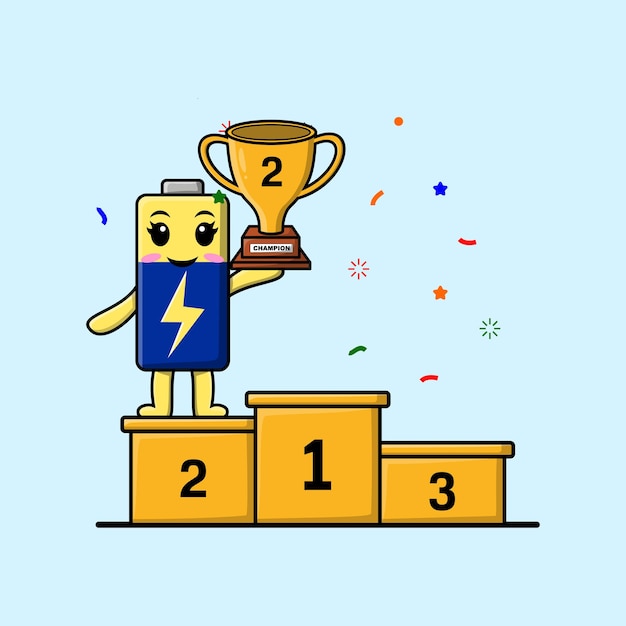 Cute cartoon Battery character as the second winner with happy expression in modern illustration