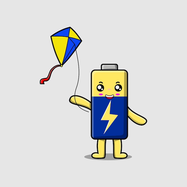 Cute cartoon Battery character playing kite flaying cartoon icon vector illustration