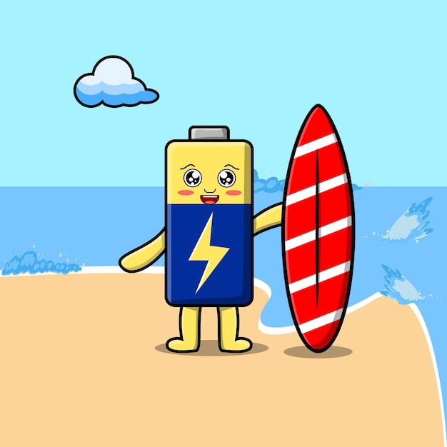 Cute cartoon Battery character playing surfing with surfing board