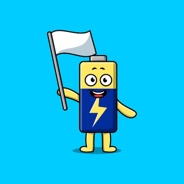 Cute cartoon Battery mascot character with white flag in modern design illustration