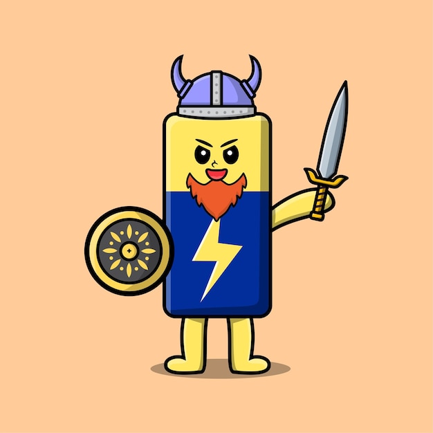 Vector cute cartoon battery viking pirate holding sword