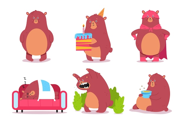 Cute cartoon bear characters set isolated.