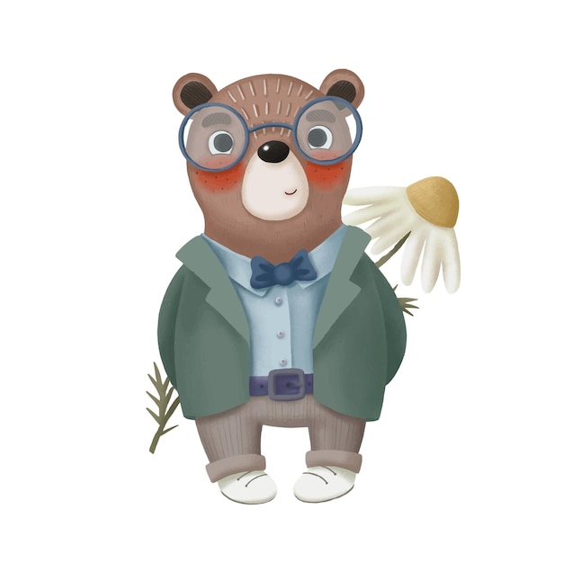 Cute cartoon bear in a costume and with a daisy flower