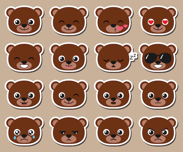 Cute cartoon bear emoji. Vector set of different emotions stickers