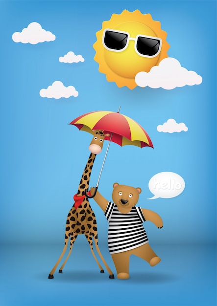 Cute cartoon, bear and giraffe.