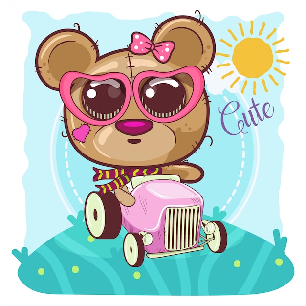 Cute Cartoon bear Girl goes on a car - Vector