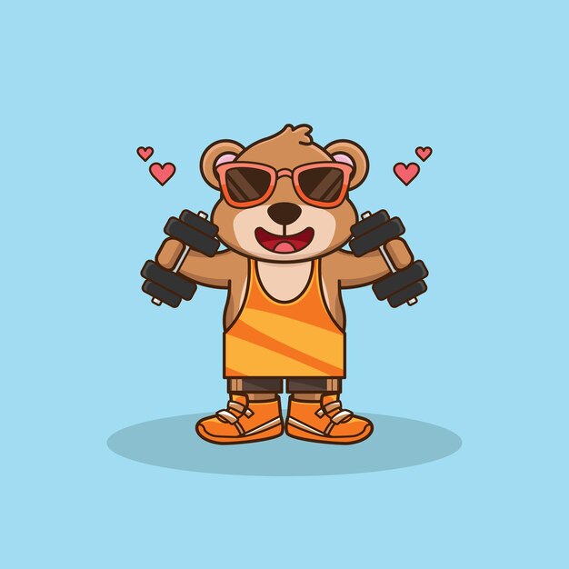 Cute cartoon bear lifting dumbbell cartoon vector gym workout icon illustration