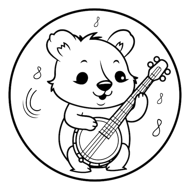 Vector cute cartoon bear playing the banjo for coloring book