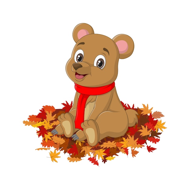 Cute cartoon bear in red scarf sits autumn leaves