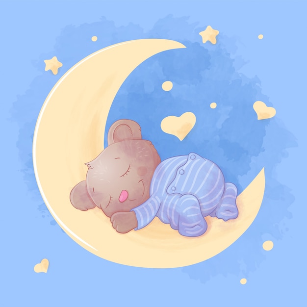 Orso simpatico cartone animato dorme sulla luna in pigiama. illustrazione.