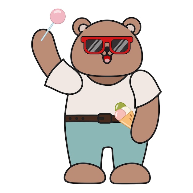 かわいい漫画のクマがアイスクリームを手に立っている