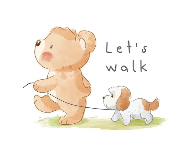 Cute cartoon bear walking puppy illustration