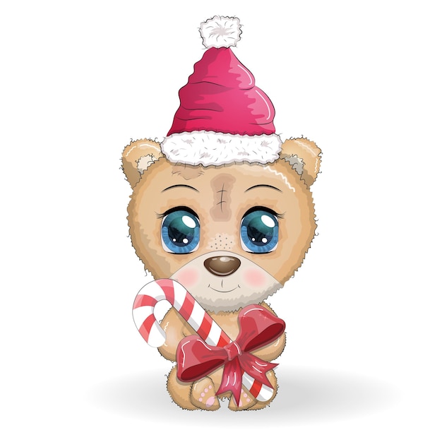 Cute cartoon bear with big eyes in a Christmas hat with a caramel cane Merry Christmas and New Year