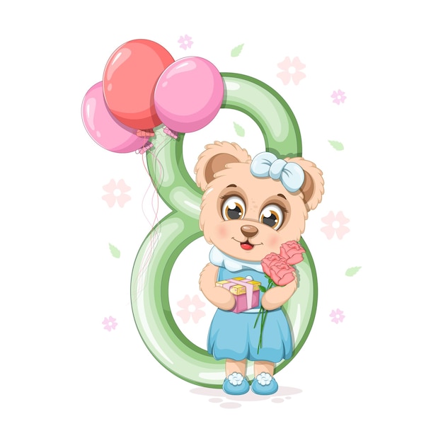 A cute cartoon bear with flowers gift balloons and number 8