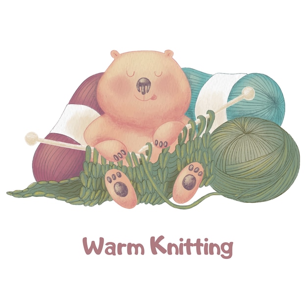 Cute cartoon bear with knitting