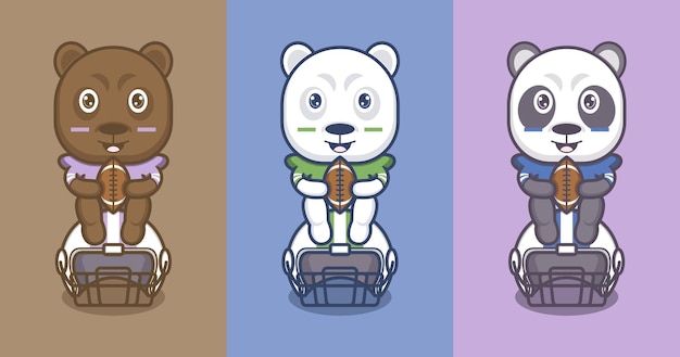 cute cartoon bears, pandas and polar bears playing football