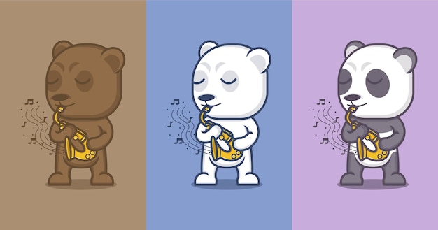 색소폰을 연주하는 귀여운 만화 곰, 판다, 북극곰