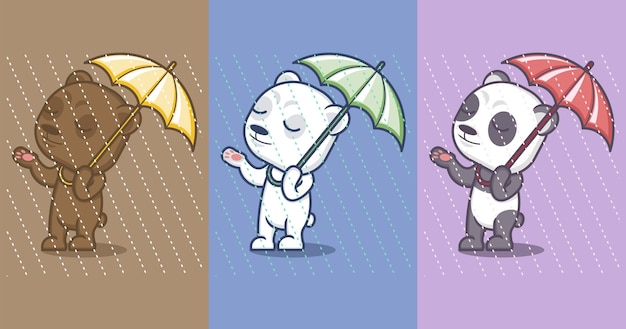 cute cartoon bears, pandas and polar bears wearing umbrellas