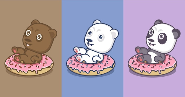 cute cartoon bears, pandas and polar bears with donnut