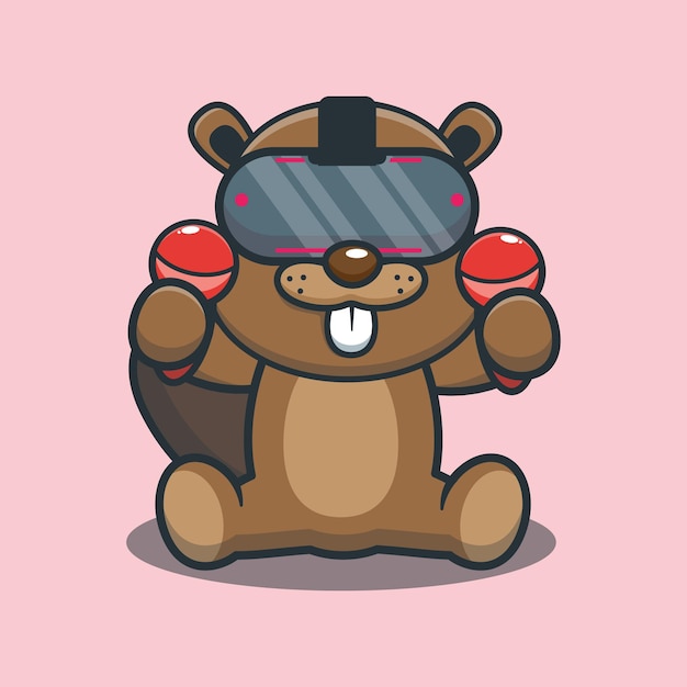 Cute cartoon beaver playing virtual reality game