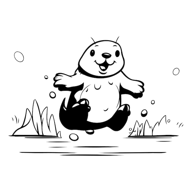 Милый бобр из мультфильма, сидящий на реке.